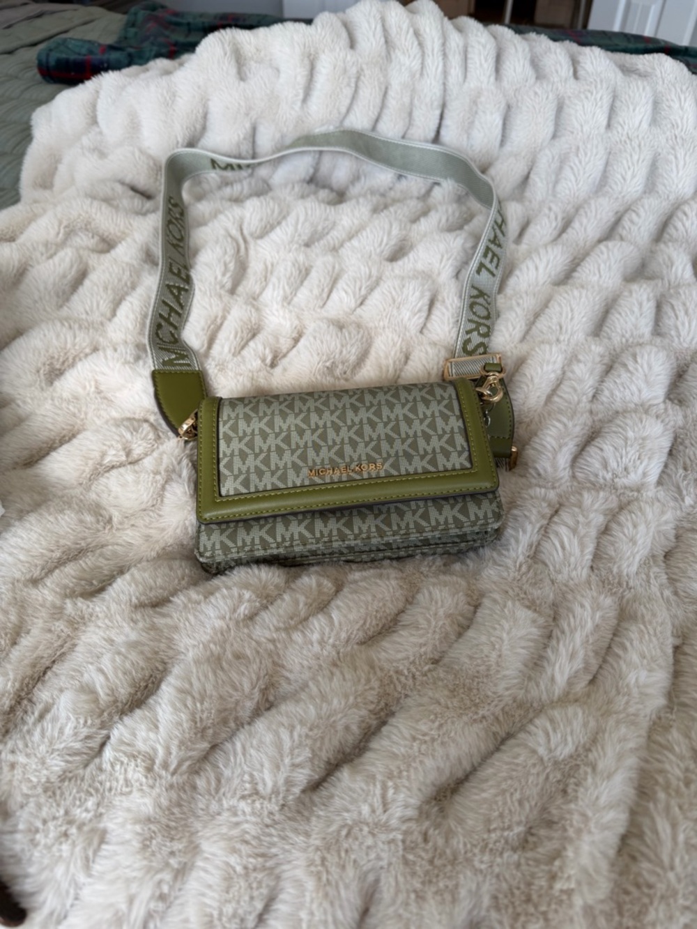 Michael Kors Olive MK Logo Crossbody Wallet with Gold-Tone Hardware
